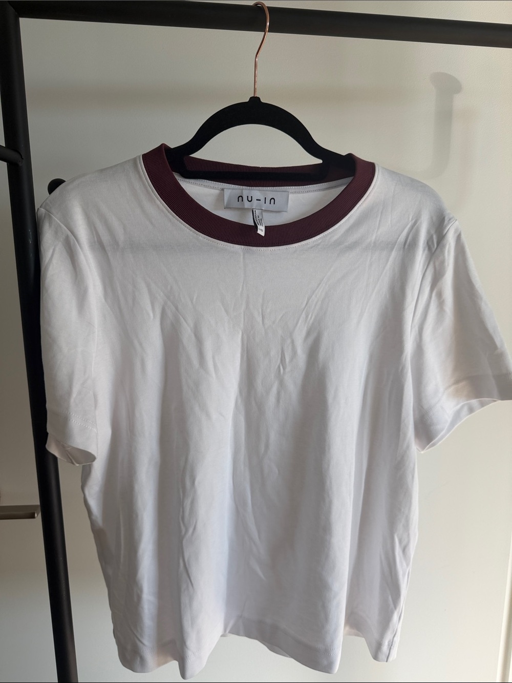 White Short Sleeve Tee with Burgundy Crew Neck